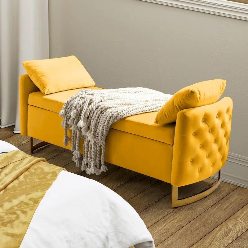 Modern Button-Tufted Flip-Top Storage Bench with Two Pillows
