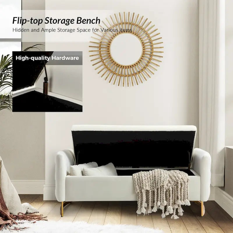 Modern Button-Tufted Flip-Top Storage Bench with Two Pillows