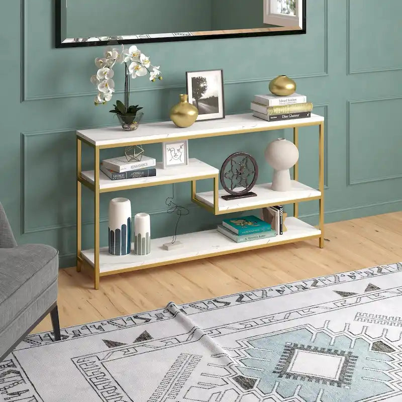 55-Inch Rectangular Console Table with Faux Marble Top