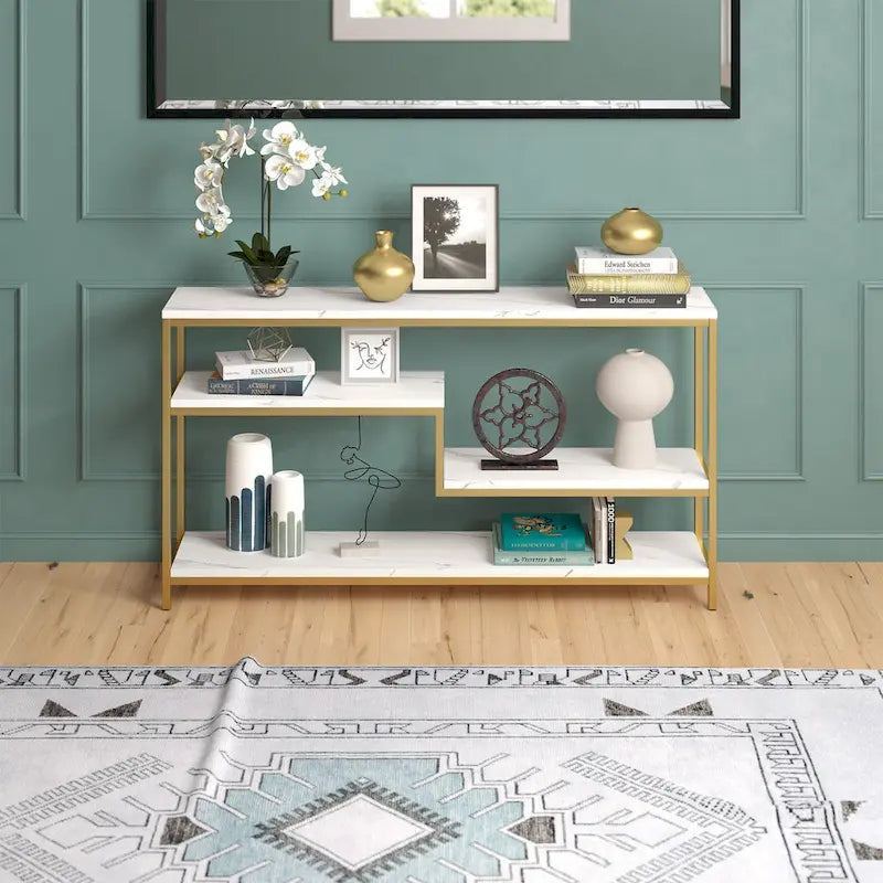 55-Inch Rectangular Console Table with Faux Marble Top