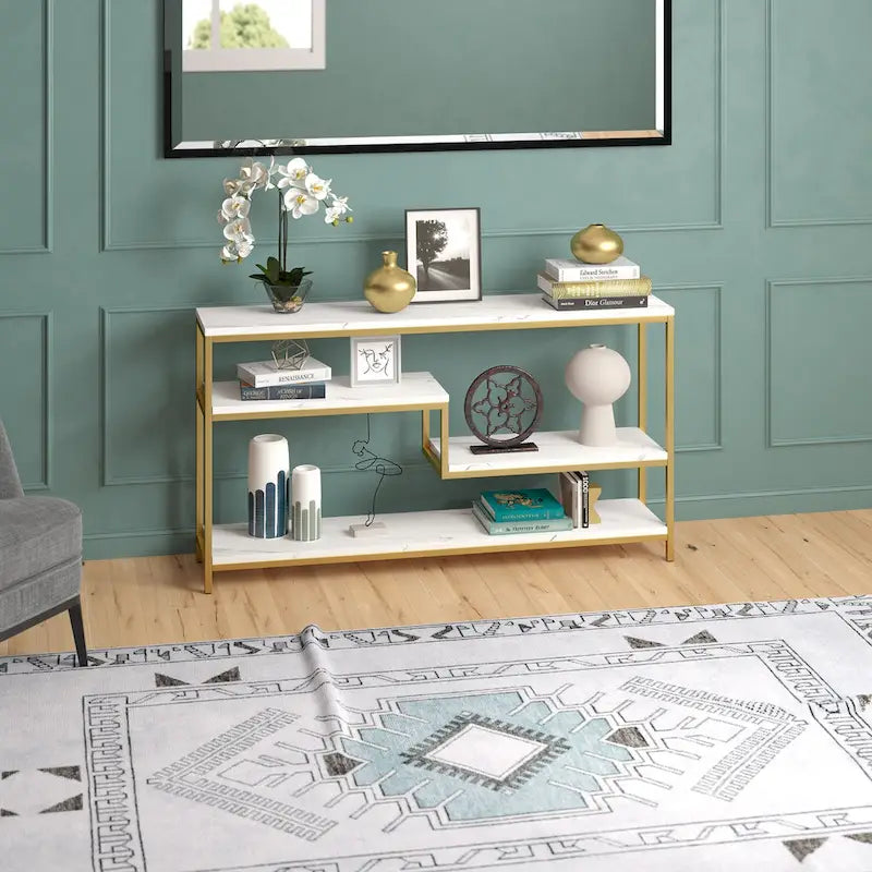 55-Inch Rectangular Console Table with Faux Marble Top