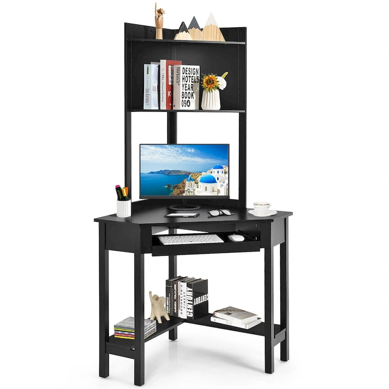 Hoekbureau met opzetstuk, driehoekig hoekcomputerbureau met boekenplanken