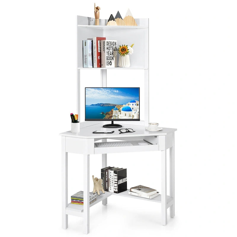 Hoekbureau met opzetstuk, driehoekig hoekcomputerbureau met boekenplanken