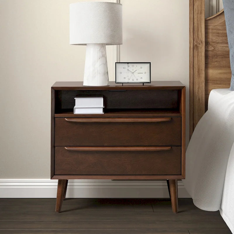 Mid-Century Modern 2-Drawer Nightstand with Outlets and USB