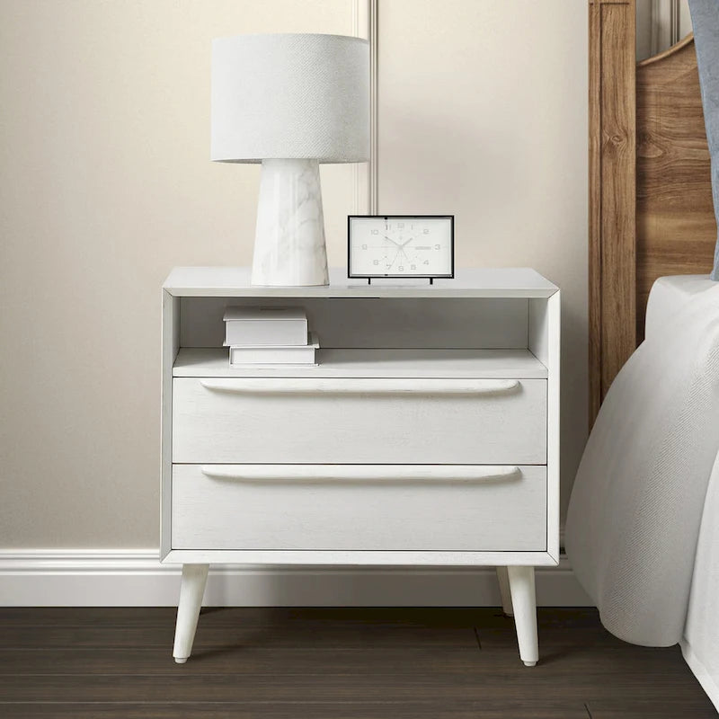 Mid-Century Modern 2-Drawer Nightstand with Outlets and USB