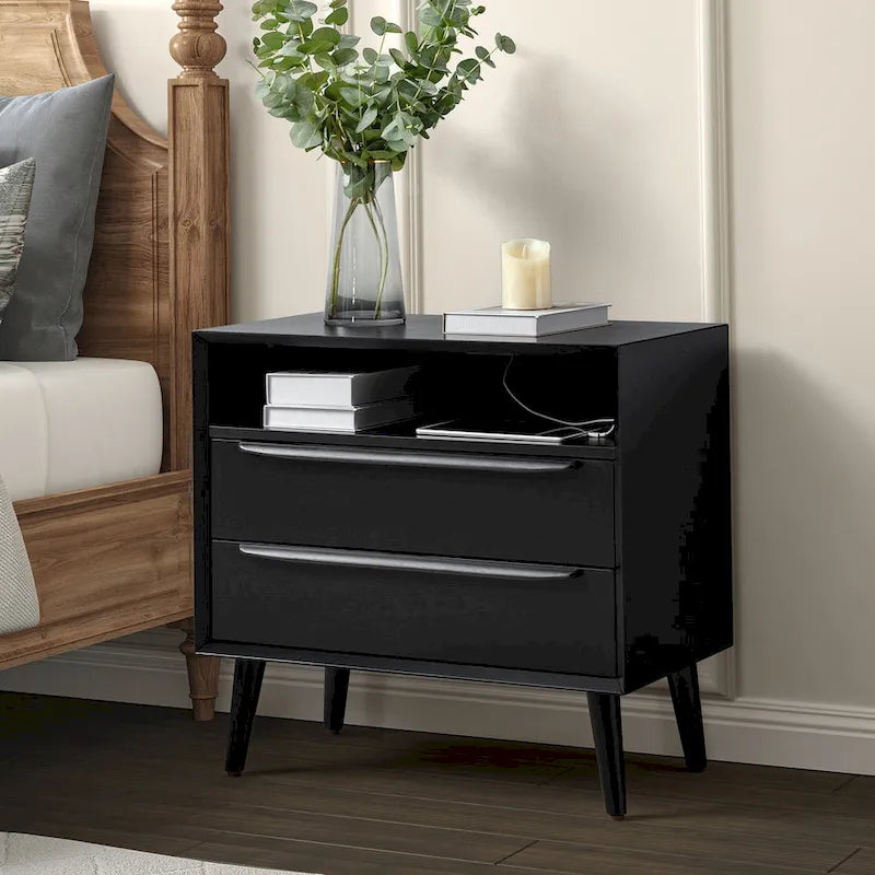 Mid-Century Modern 2-Drawer Nightstand with Outlets and USB