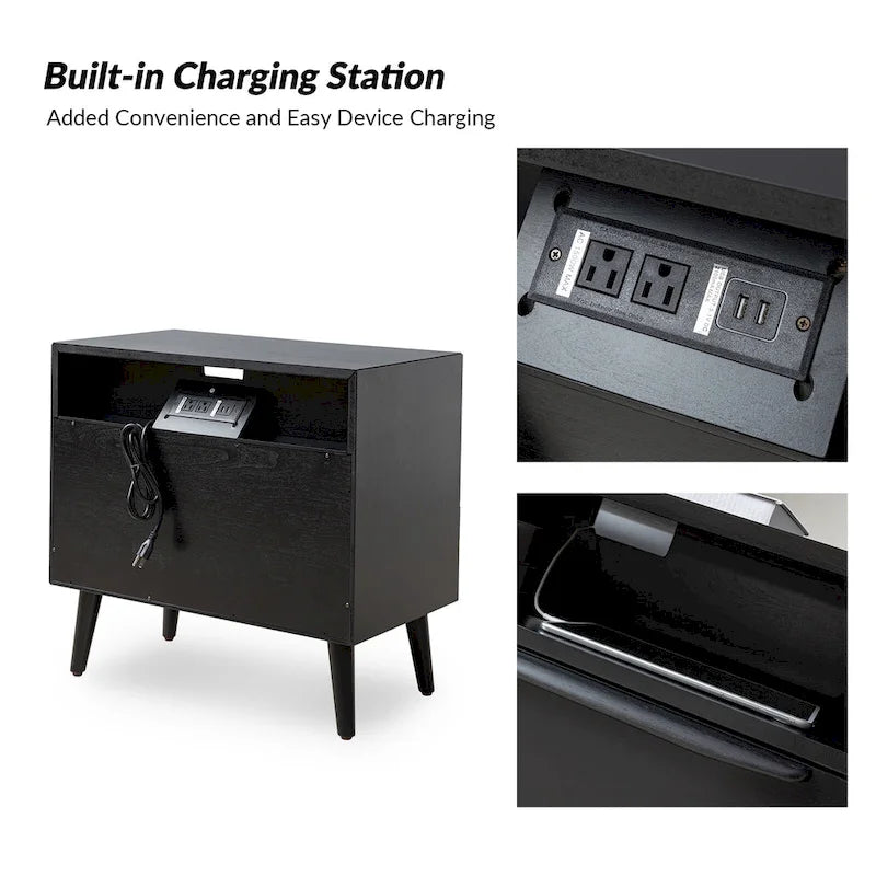 Mid-Century Modern 2-Drawer Nightstand with Outlets and USB