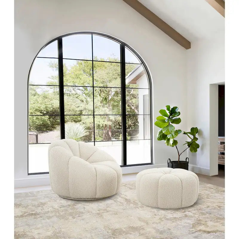 Cream Boucle Round Ottoman