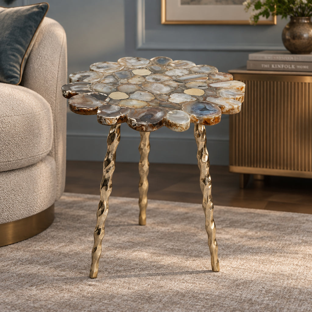 Gold Agate and Brass Inlay with Twisted Legs Side Table