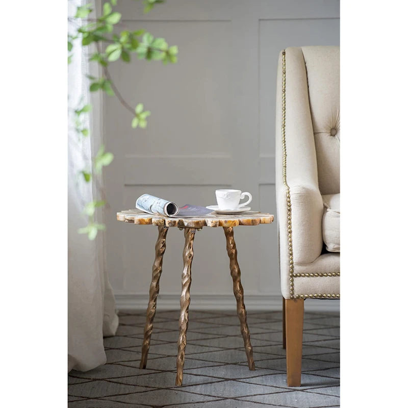 Gold Agate and Brass Inlay Side Table with Twisted Legs