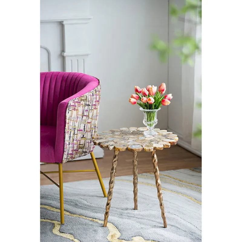 Gold Agate and Brass Inlay Side Table with Twisted Legs