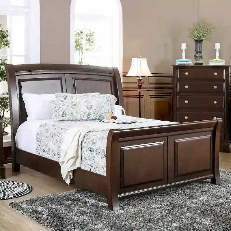 Brown Cherry Wood Sleigh Bed with Carved Panels