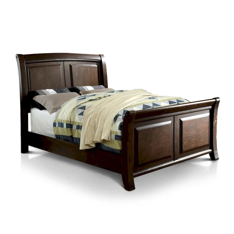 Brown Cherry Wood Sleigh Bed with Carved Panels