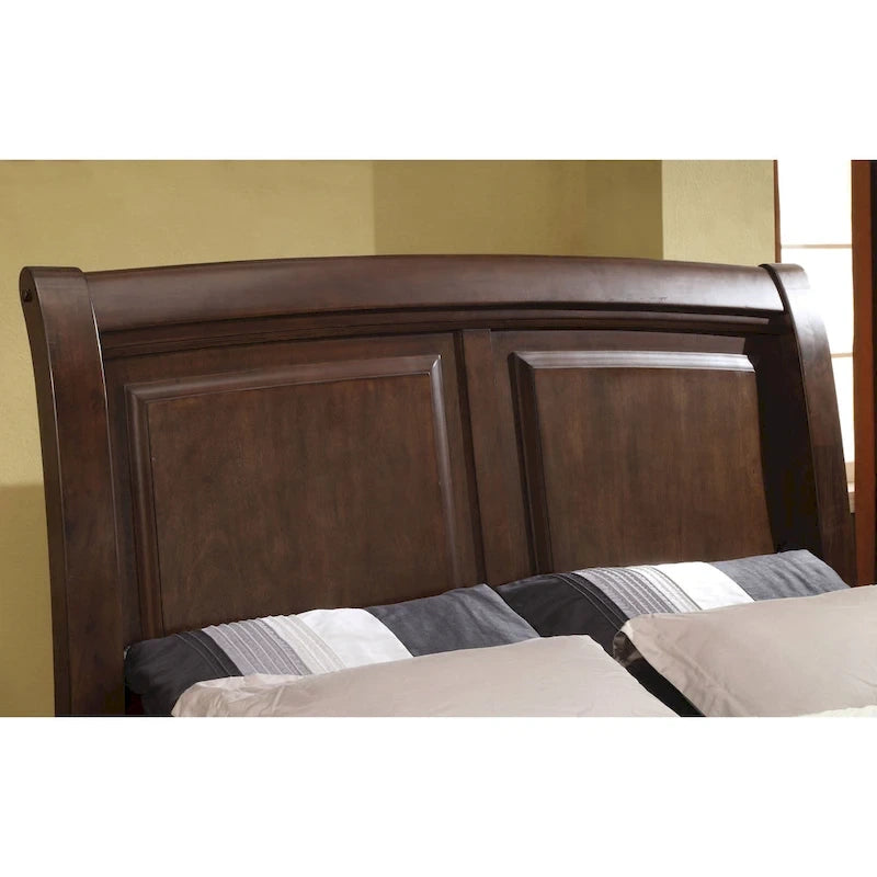 Brown Cherry Wood Sleigh Bed with Carved Panels