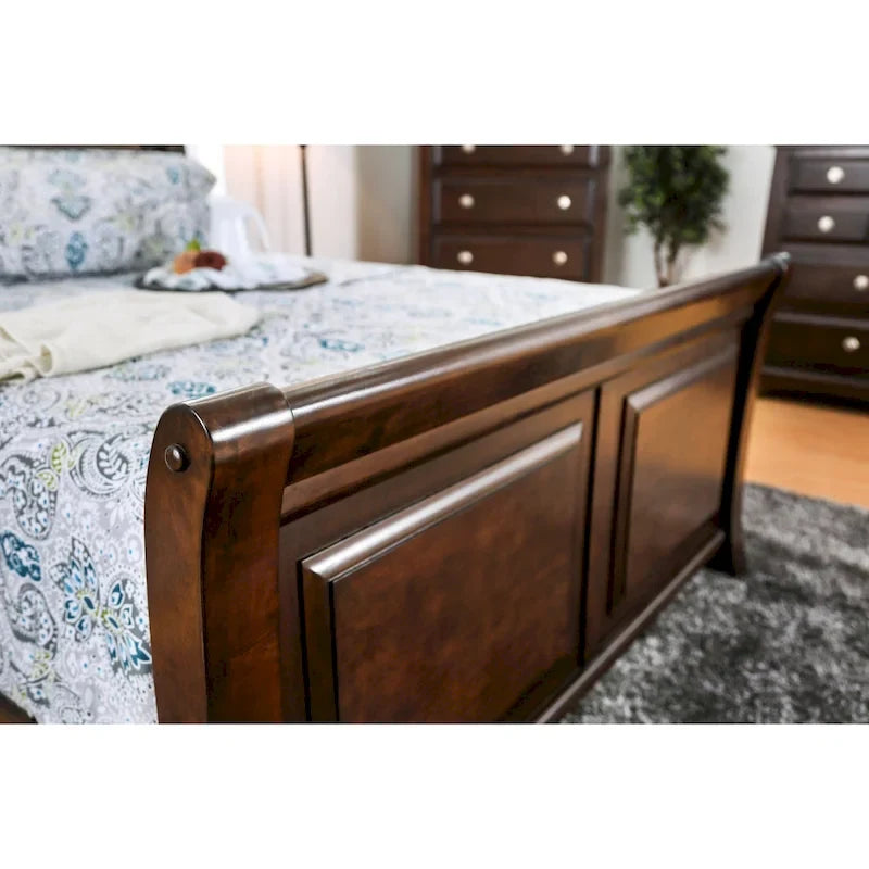 Brown Cherry Wood Sleigh Bed with Carved Panels