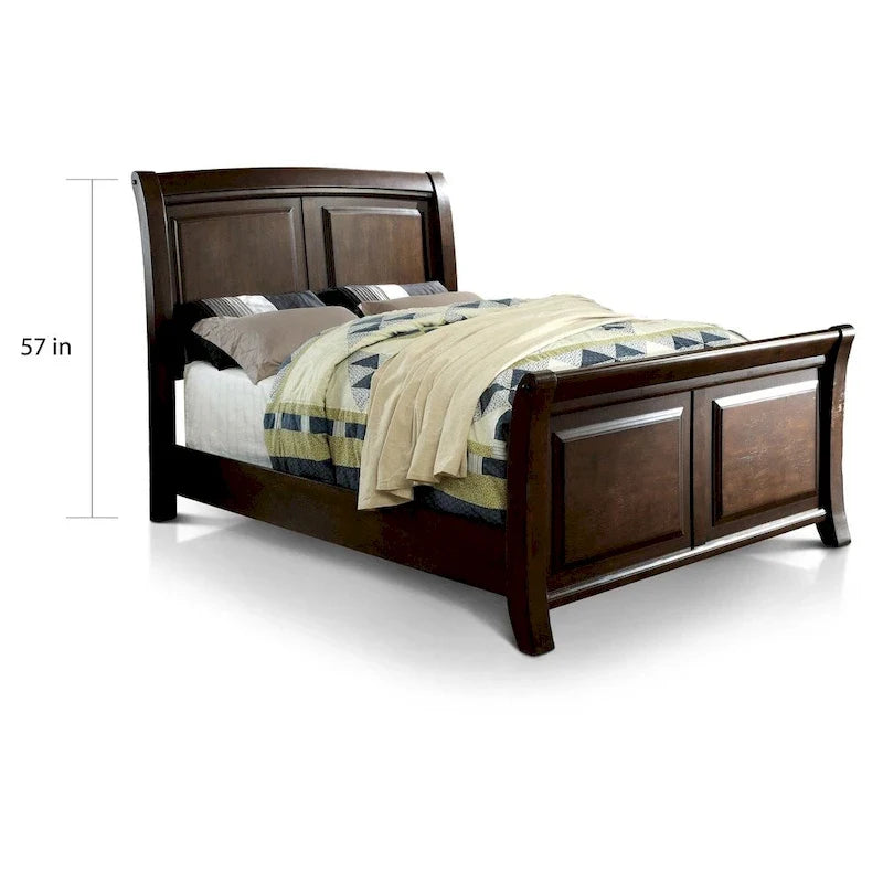 Brown Cherry Wood Sleigh Bed with Carved Panels
