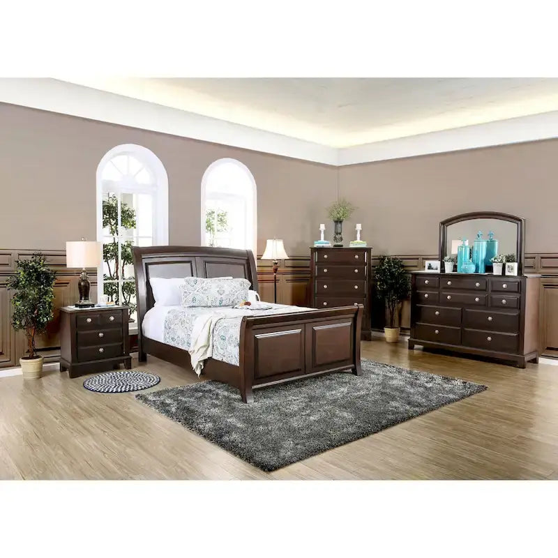 Brown Cherry Wood Sleigh Bed with Carved Panels