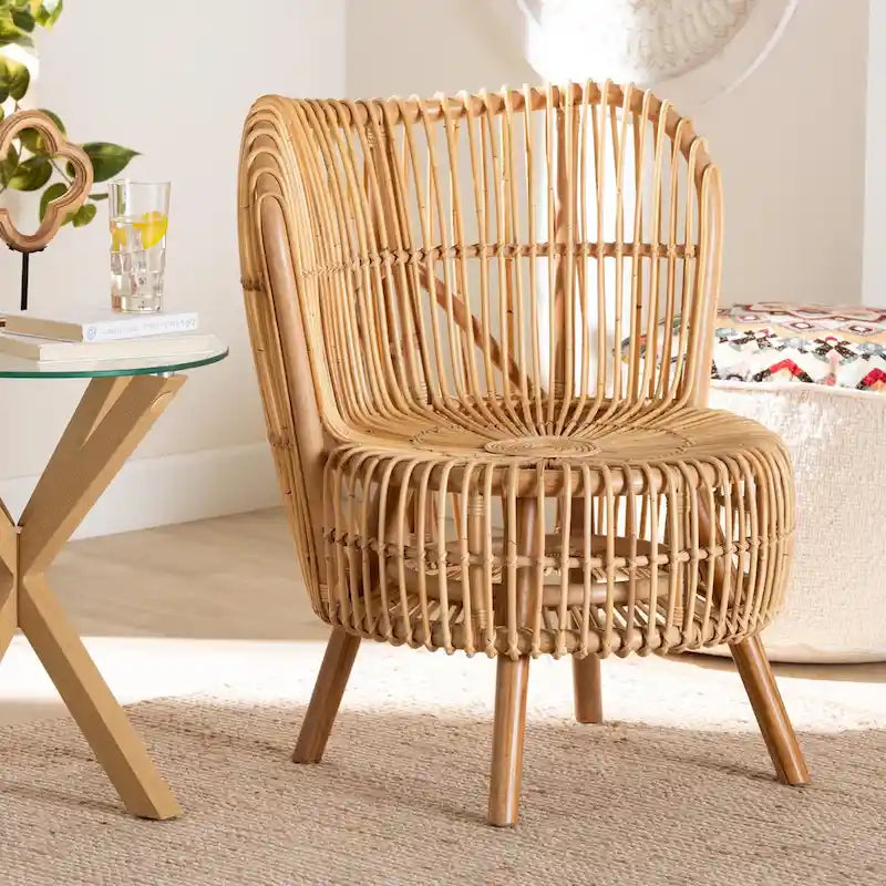 bali & pari Nagoya Modern Bohemian Natural Rattan Lounge Chair-Small or Large