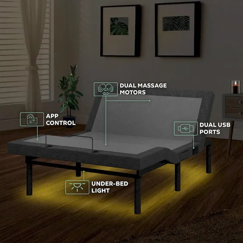 Adjustable Bed Frame with 14-inch Hybrid Mattress, Dual Massage USB, App Control, Remote - Split King