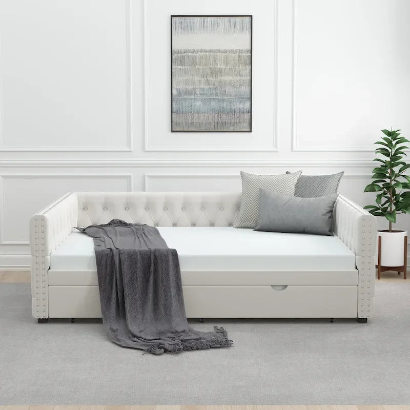 Daybed with Trundle Velvet Upholstered Tufted Sofa Bed, with Button and Copper Nail onSquare Arms,Full Daybed & Twin Trundle