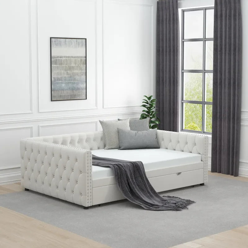 Full Velvet Upholstered Daybed with Twin Trundle and Tufted Back