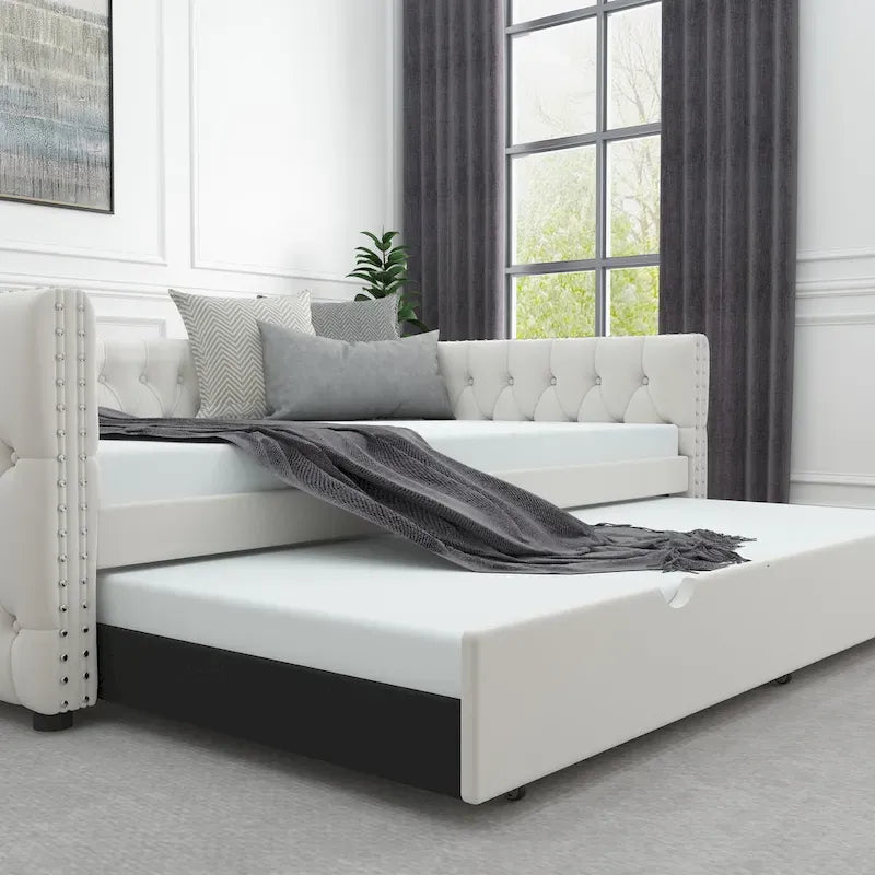 Full Velvet Upholstered Daybed with Twin Trundle and Tufted Back