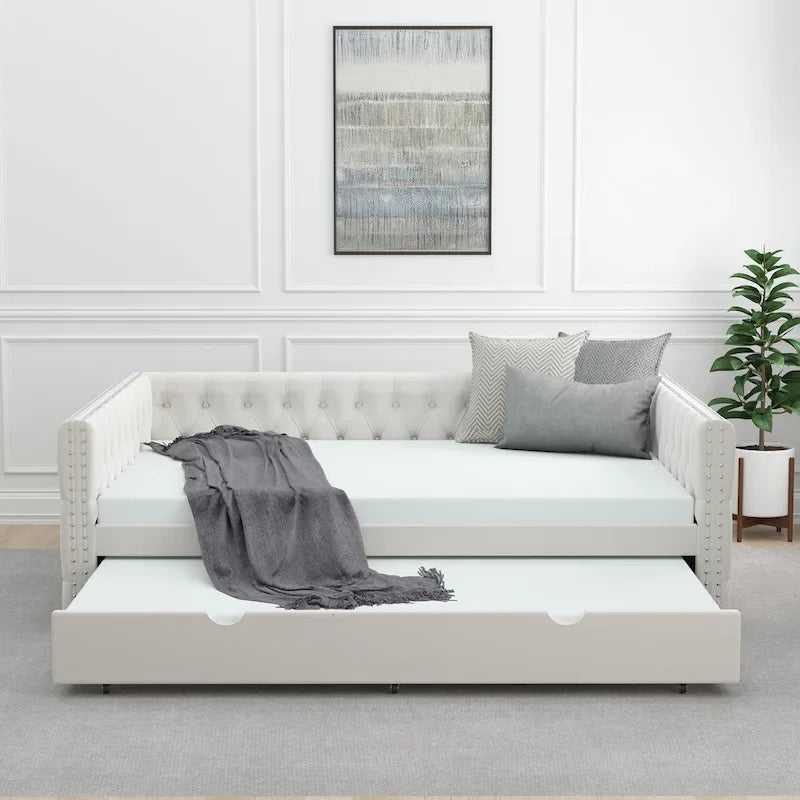 Full Velvet Upholstered Daybed with Twin Trundle and Tufted Back