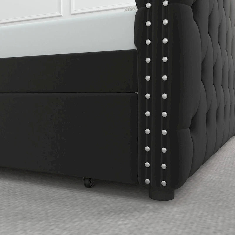 Full Velvet Upholstered Daybed with Twin Trundle and Tufted Back