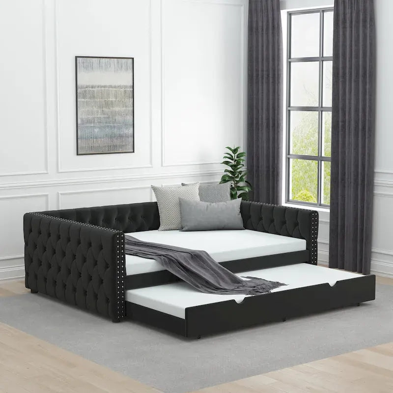 Full Velvet Upholstered Daybed with Twin Trundle and Tufted Back