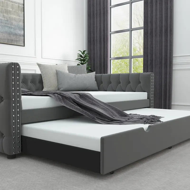 Full Velvet Upholstered Daybed with Twin Trundle and Tufted Back