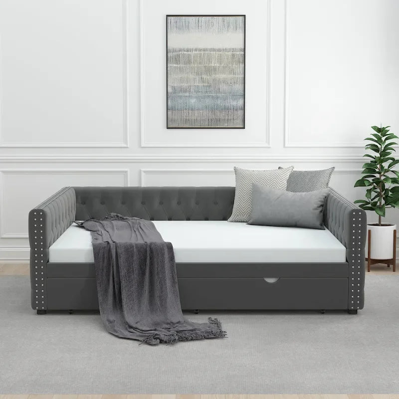 Full Velvet Upholstered Daybed with Twin Trundle and Tufted Back