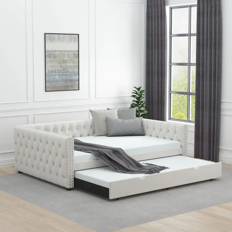 Full Velvet Upholstered Daybed with Twin Trundle and Tufted Back