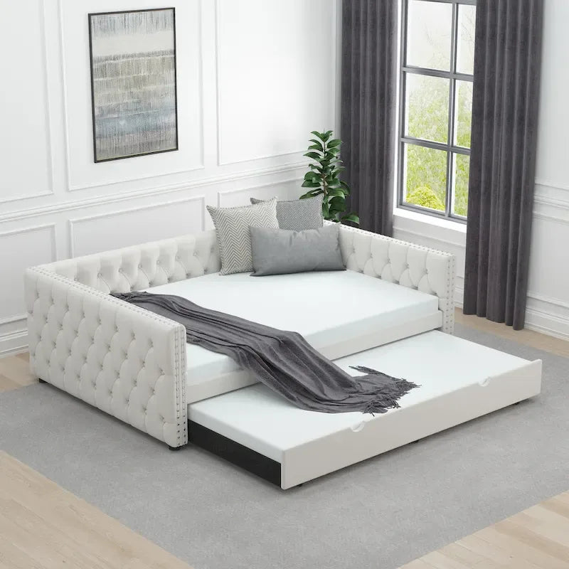 Full Velvet Upholstered Daybed with Twin Trundle and Tufted Back