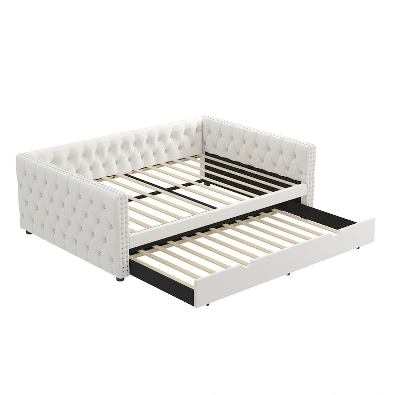 Full Velvet Upholstered Daybed with Twin Trundle and Tufted Back