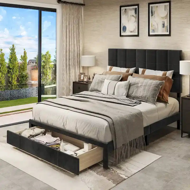 Queen Velvet Upholstered Platform Bed with Storage Box, Black