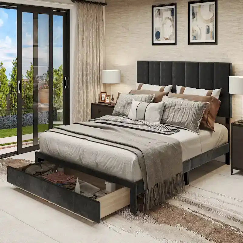 Queen Velvet Upholstered Platform Bed with Storage Box, Black