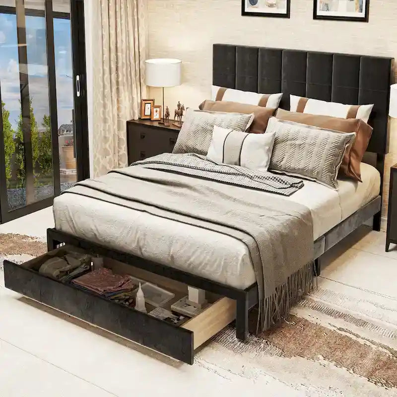 Queen Velvet Upholstered Platform Bed with Storage Box, Black