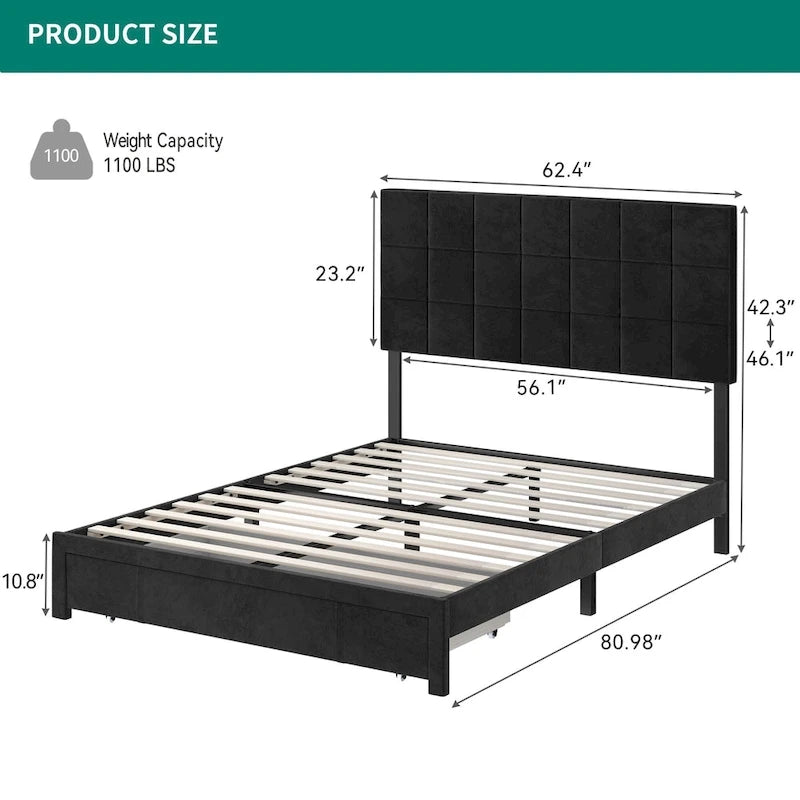 Queen Velvet Upholstered Platform Bed with Storage Box, Black