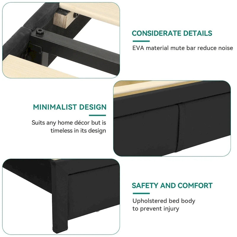 Queen Velvet Upholstered Platform Bed with Storage Box, Black