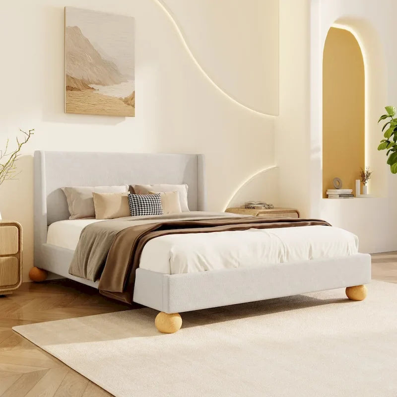 Modern Upholstered Platform Bed with Wingback Headboard
