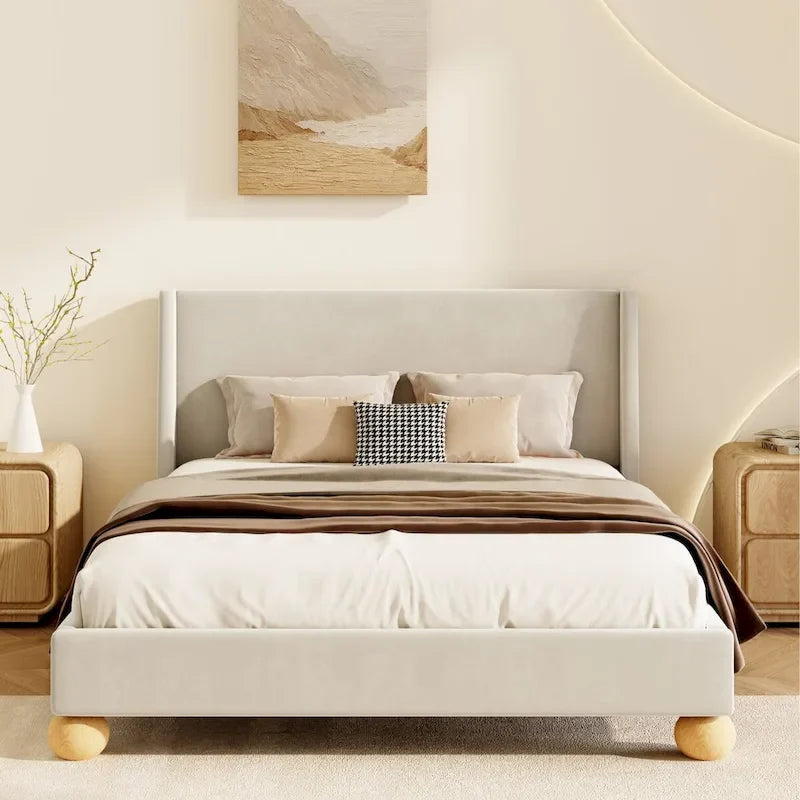 Modern Upholstered Platform Bed with Wingback Headboard