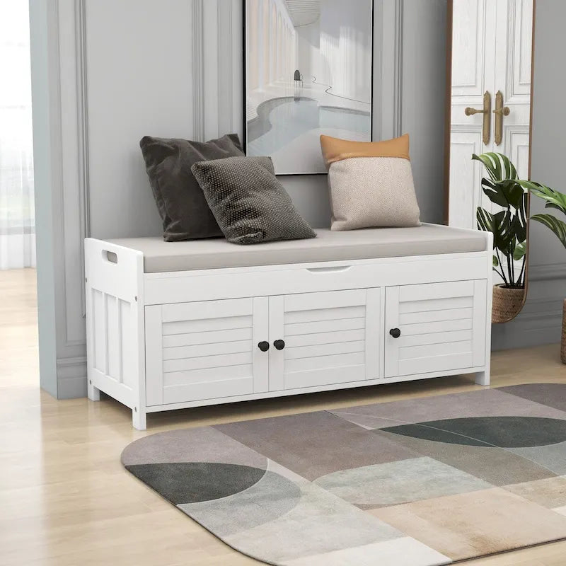 Three-Door Storage Bench with Removable Cushion