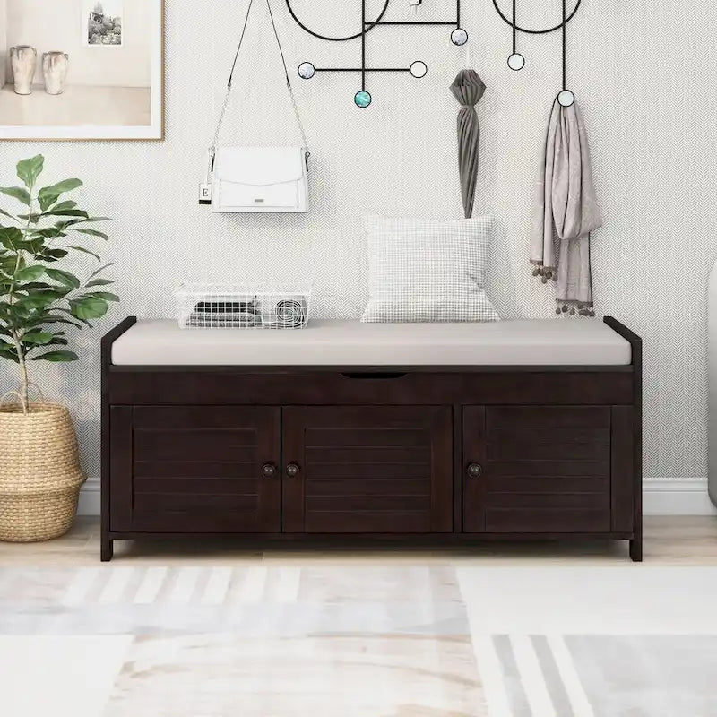 Three-Door Storage Bench with Removable Cushion