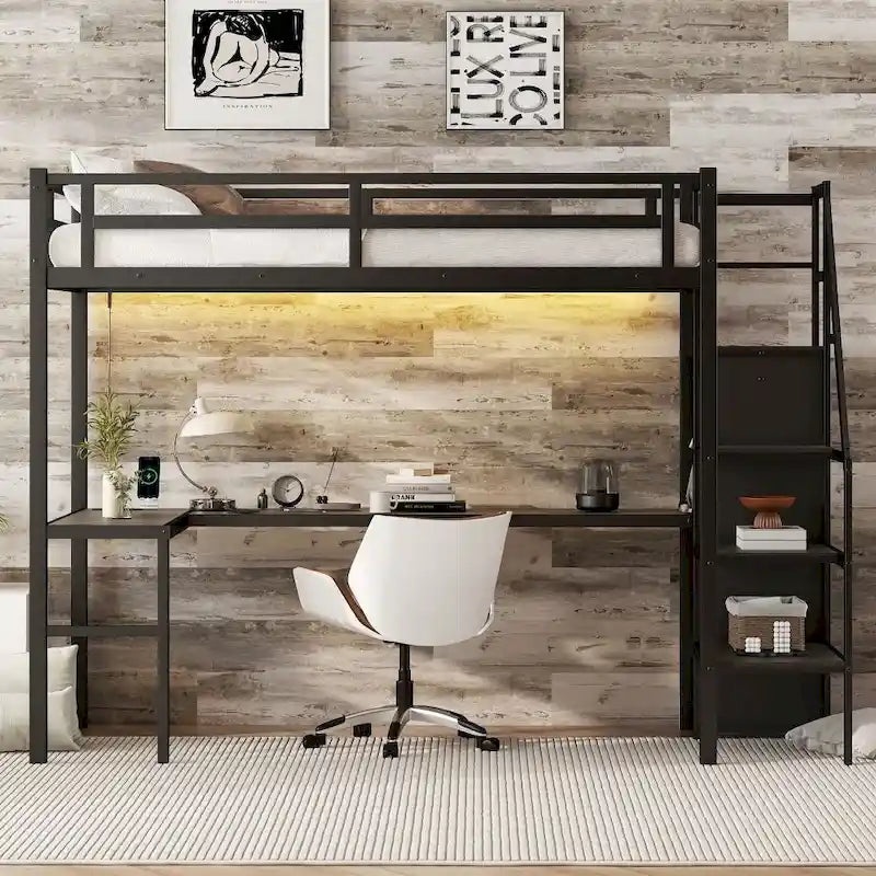 Metal Loft Bed with L-Shaped Desk and USB