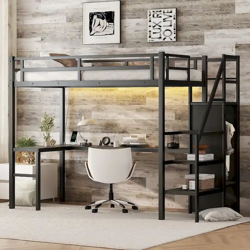 Metall-Hochbett mit L-förmigem Schreibtisch und USB