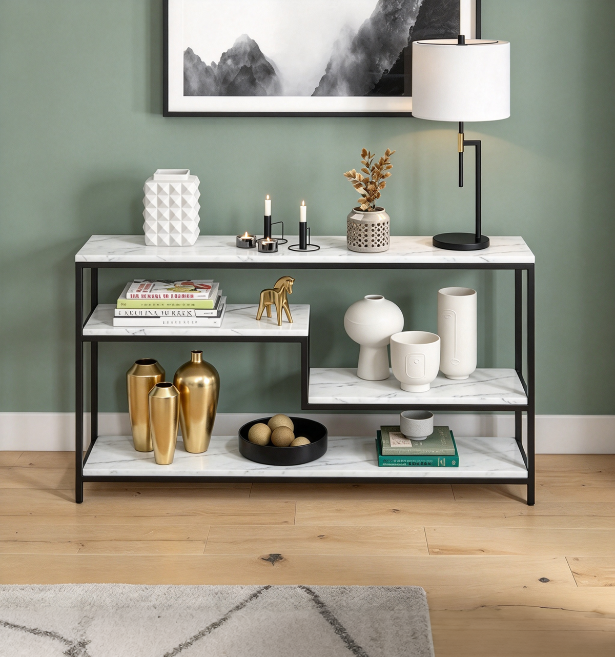 55-Inch Rectangular Console Table with Faux Marble Top