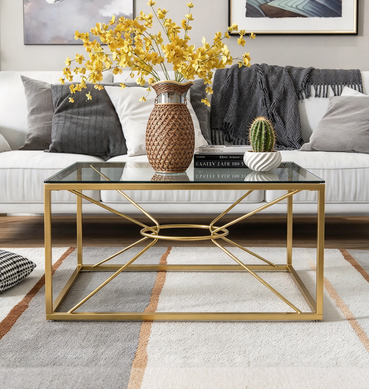 Glam Gold-Coated Steel and Glass Coffee Table, 35 Inch