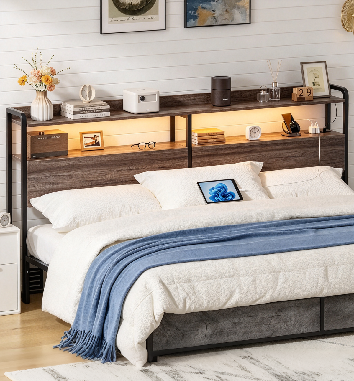 LED Headboard with 2-Tier Storage Shelves, Outlets and USB Ports