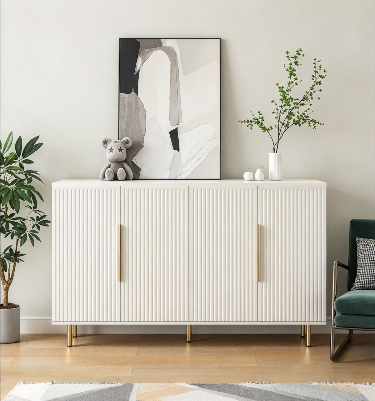Fluted Buffet Cabinet with Storage and Adjustable Shelves